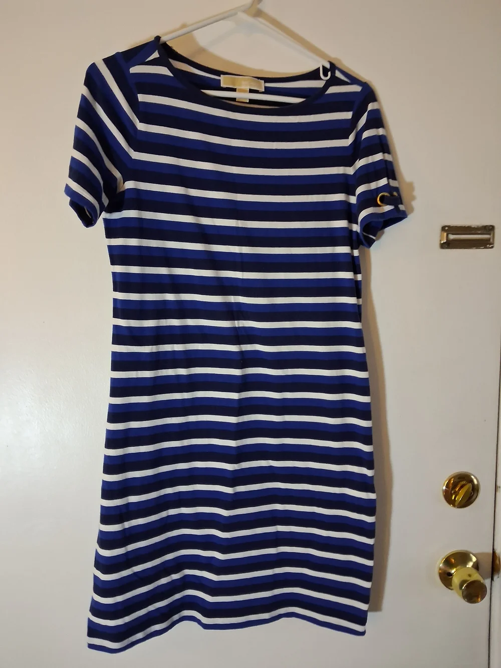 Michael Kors Blue and White Striped Short Sleeve Knit Dress
